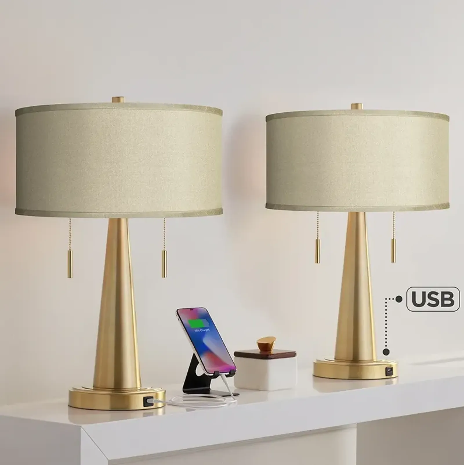 Sesame Faux Silk Vicki Gold USB Table Lamps Set of 2