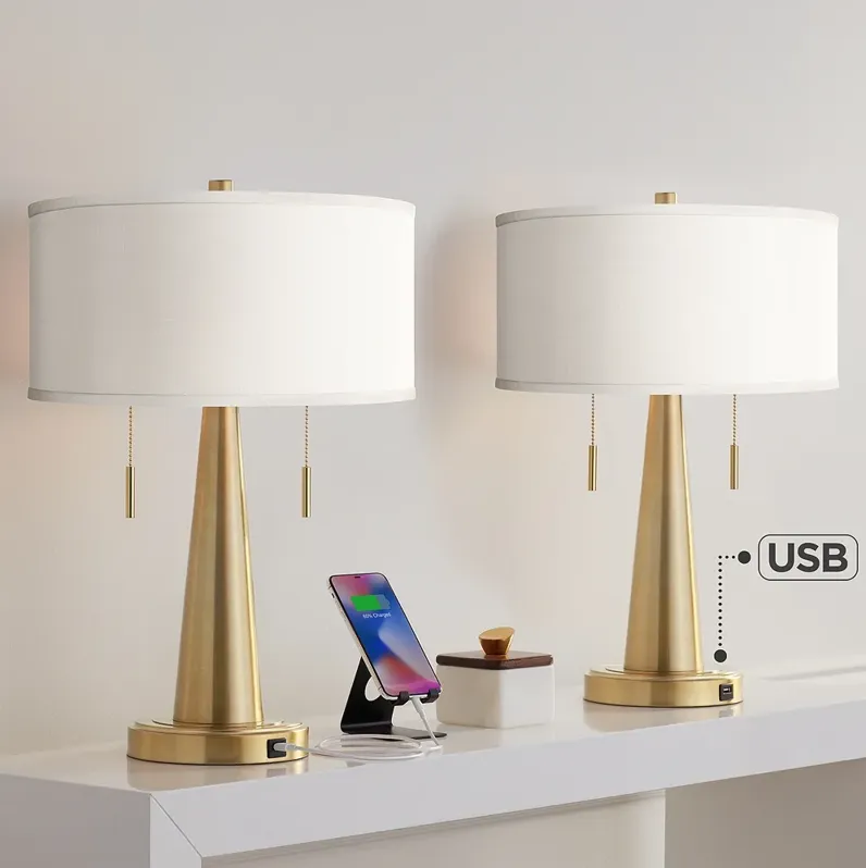 Cream Faux Silk Vicki Gold USB Table Lamps Set of 2