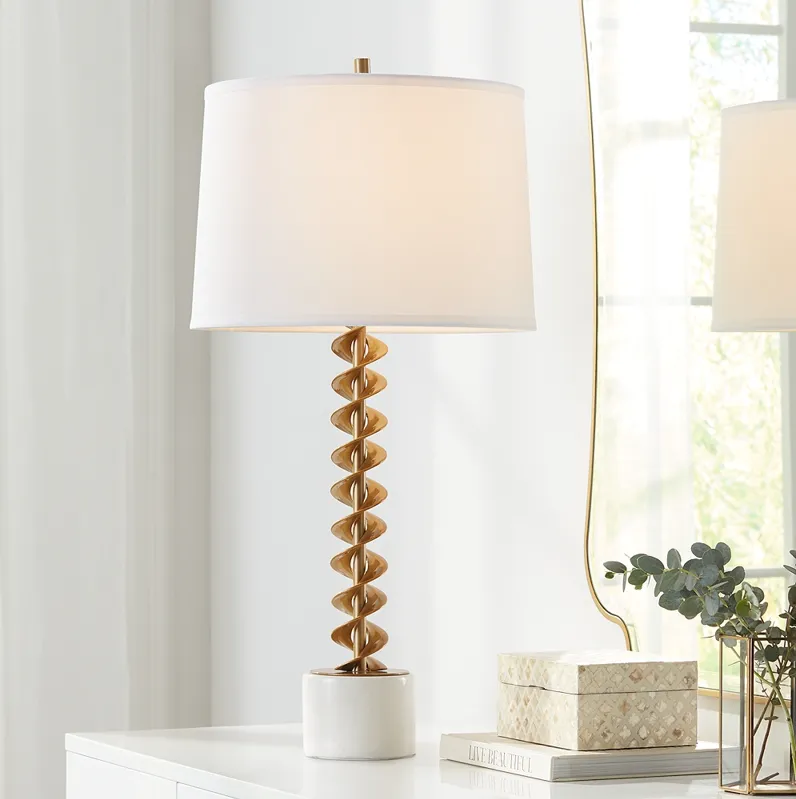 Possini Euro Corkscrew Brass and White Marble Table Lamp with Dimmer