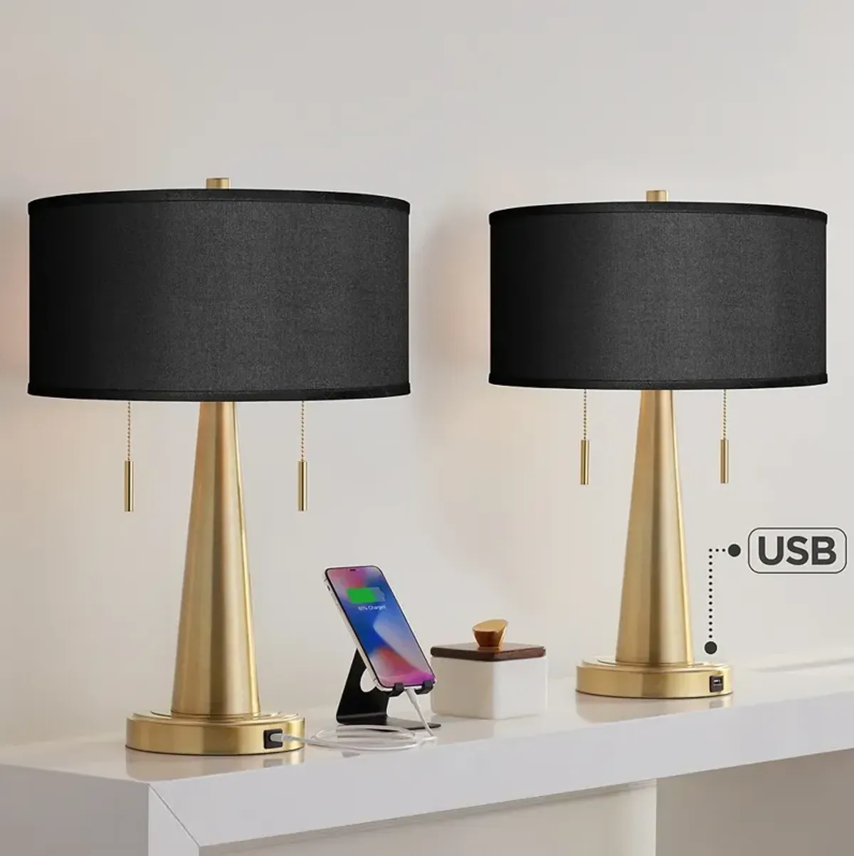 Black Faux Silk Vicki Gold USB Table Lamps Set of 2