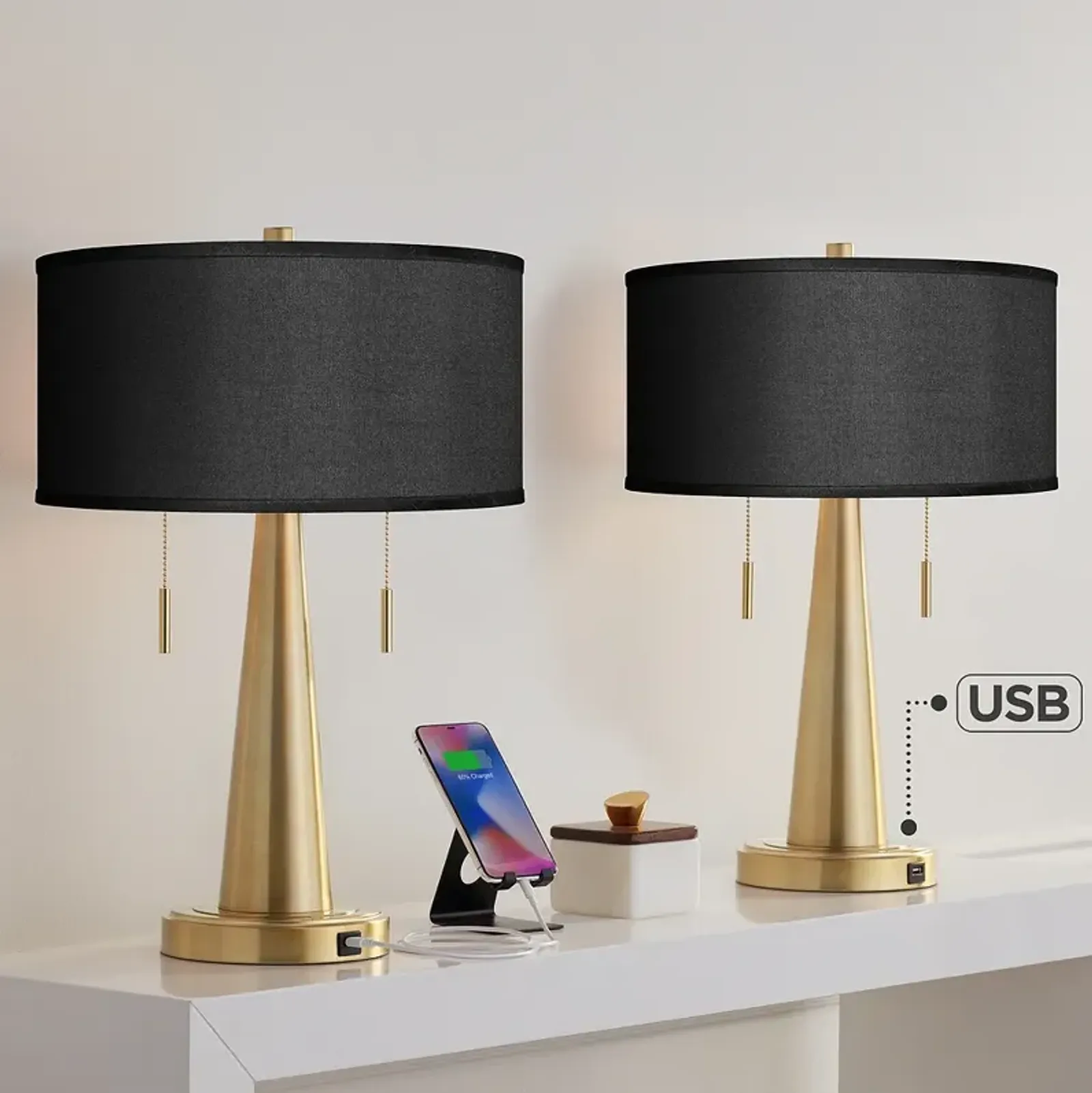 Black Faux Silk Vicki Gold USB Table Lamps Set of 2