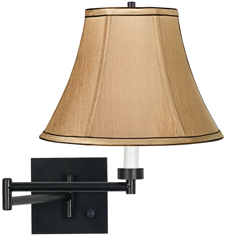 Franklin Iron Works Tan and Brown Trim Bell Shade Black Plug-In Swing Arm