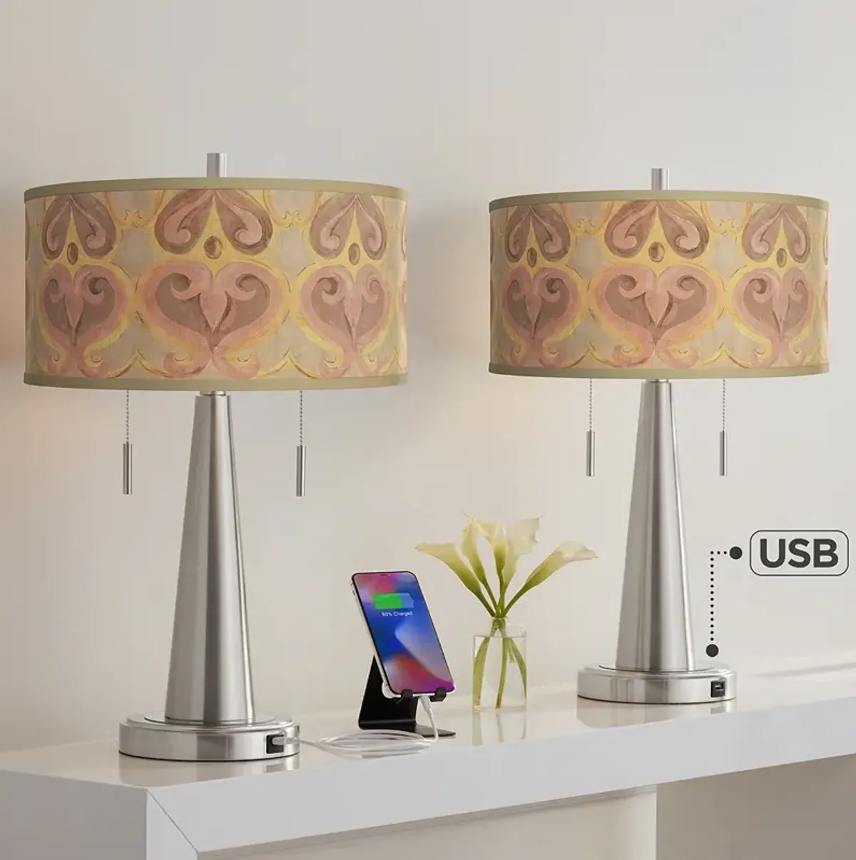 Giclee Glow Vicki 23" Aurelia Shade and Nickel USB Lamps Set of 2