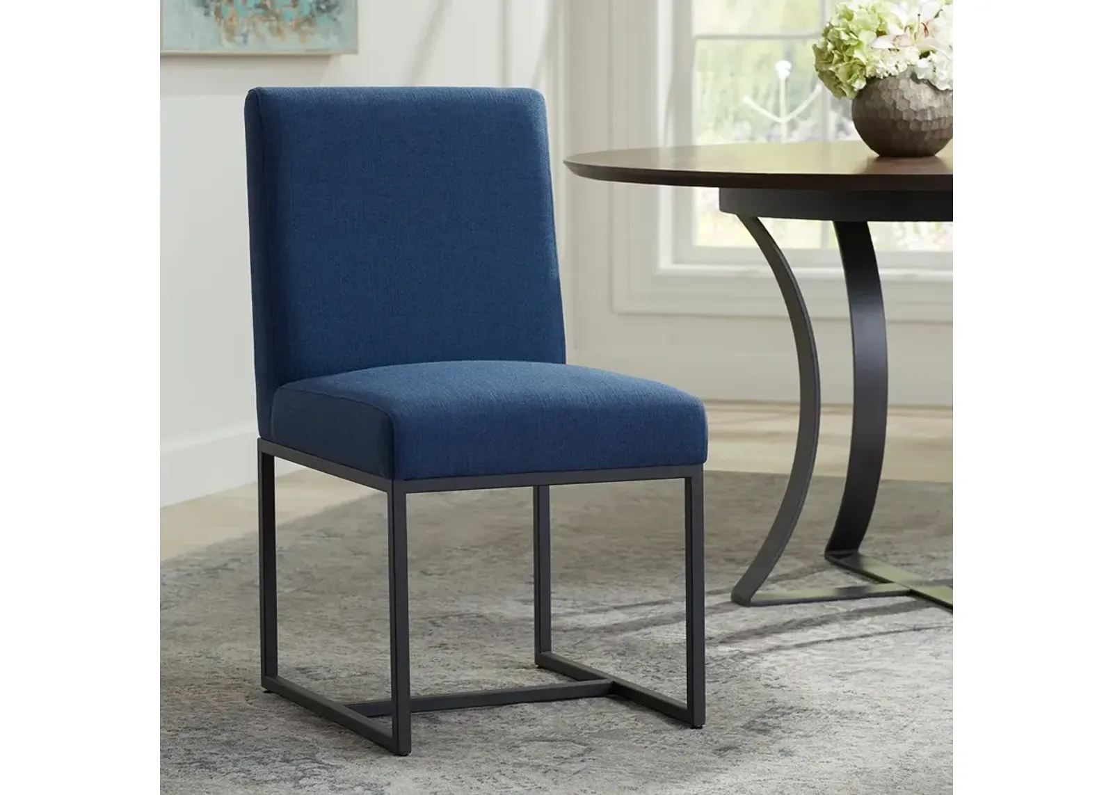 Myles Navy Fabric and Black Metal Dining Chair