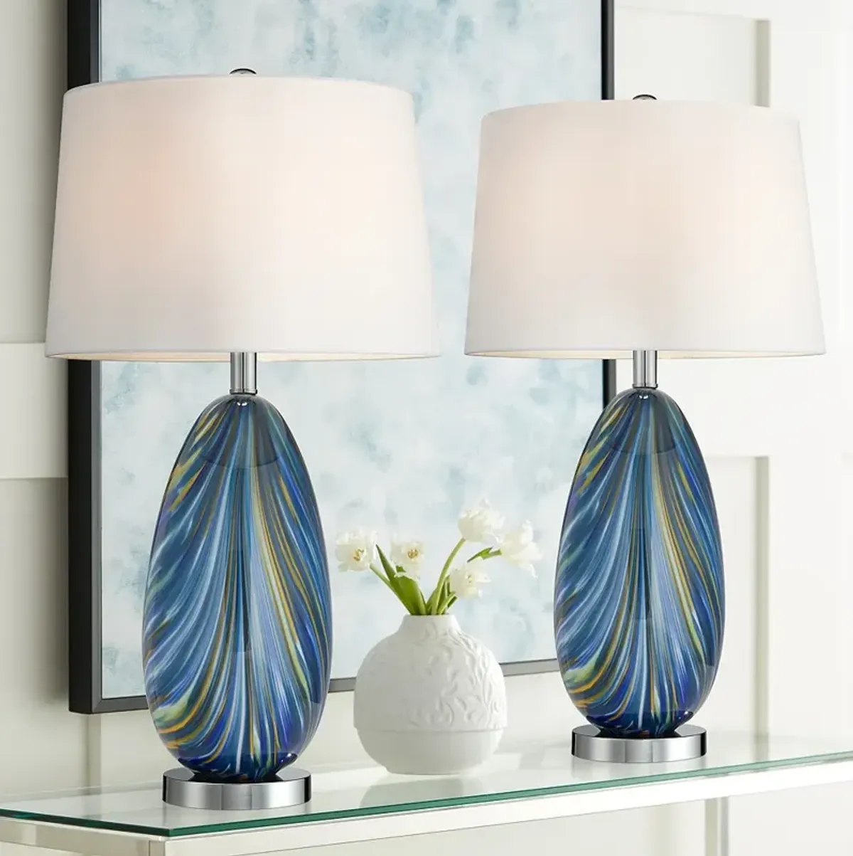 Possini Euro Pablo 27" Modern Blue Art Glass Table Lamps Set of 2