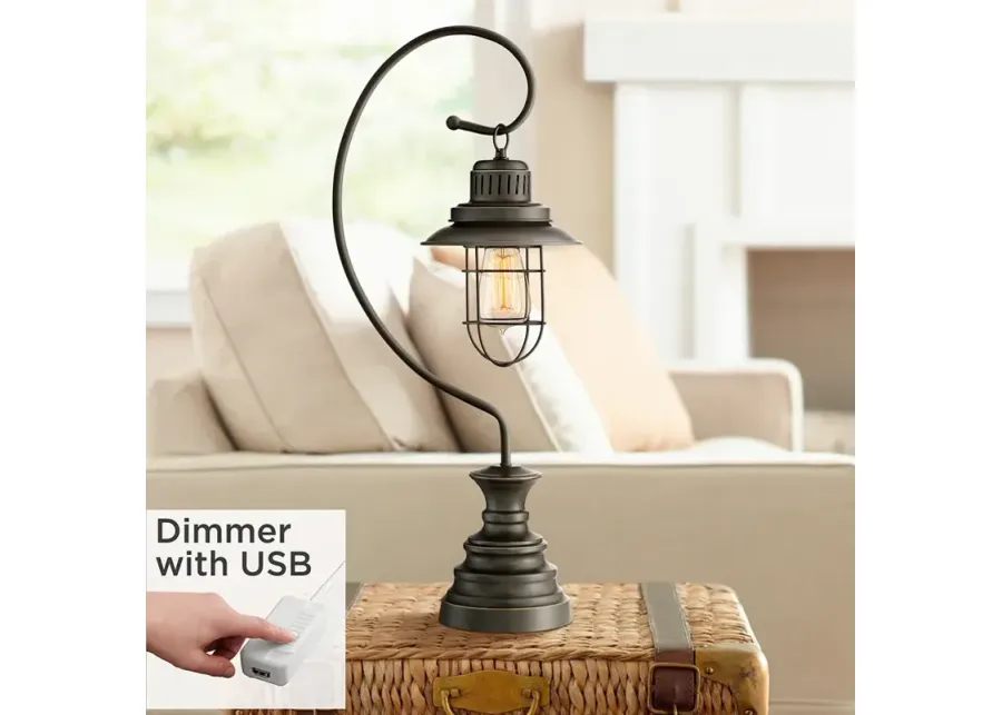 Ulysses Oil-Rubbed Bronze Industrial Lantern Desk Lamp with USB Dimmer