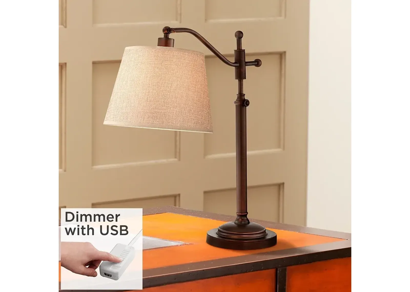 Regency Hill Adley Bronze Downbridge Adjustable Lamp with USB Dimmer