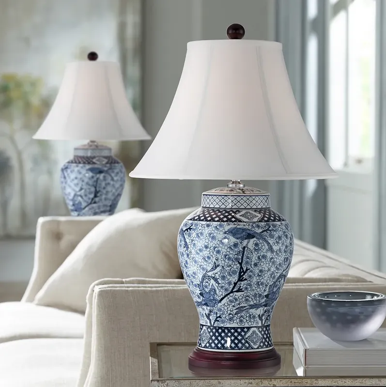 Barnes and Ivy Garden Bird Blue and White Porcelain Table Lamps Set of 2