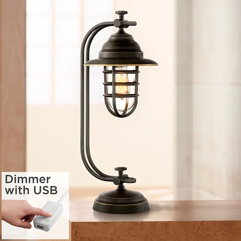 Franklin Iron Knox 24" Bronze Lantern Desk Lamp with USB Dimmer
