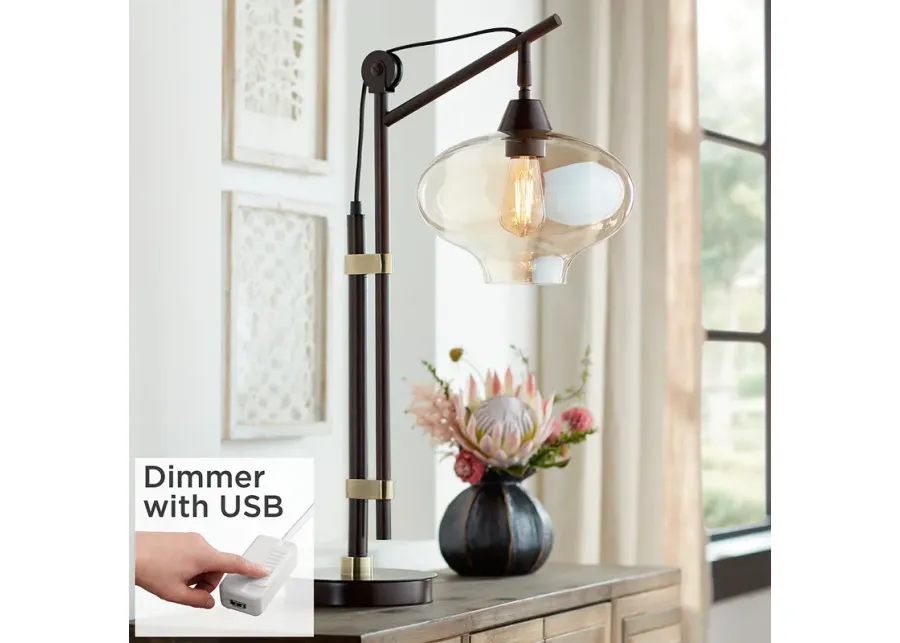 Calyx Cognac Glass Industrial Bronze Desk Lamp with USB Dimmer