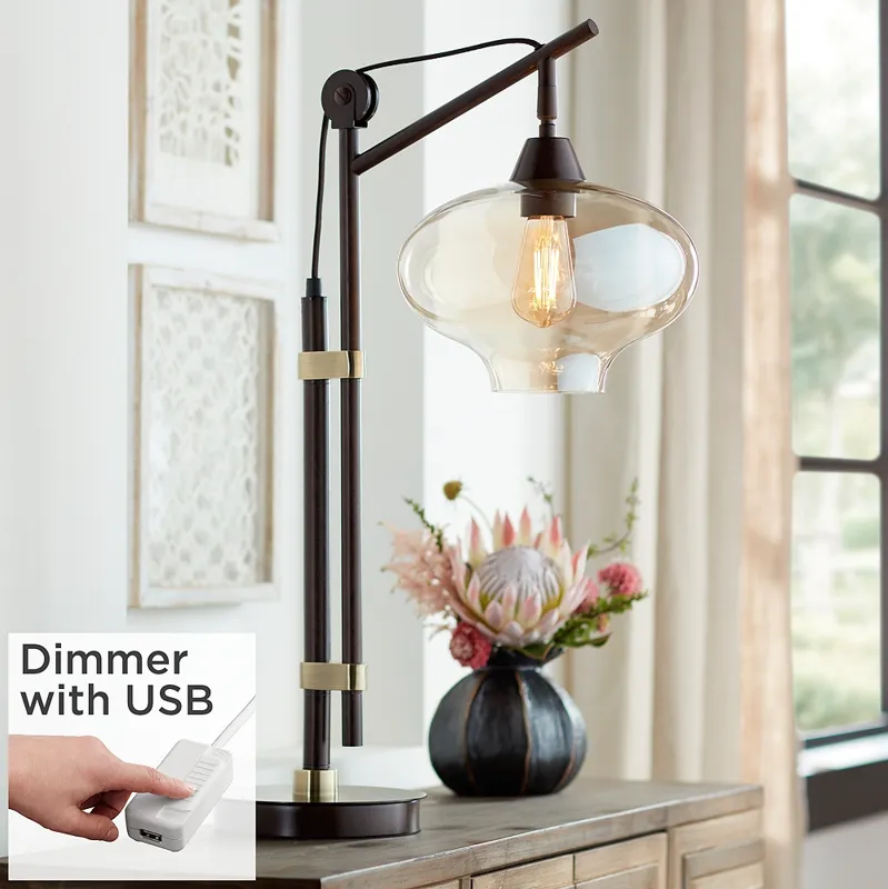 Calyx Cognac Glass Industrial Bronze Desk Lamp with USB Dimmer