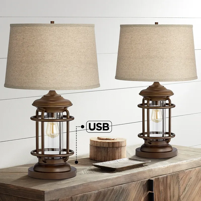 Franklin Iron Works Andreas 26" Lantern Night Light USB Lamps Set of 2