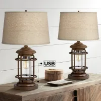 Franklin Iron Works Andreas Lantern Night Light USB Table Lamps Set of 2