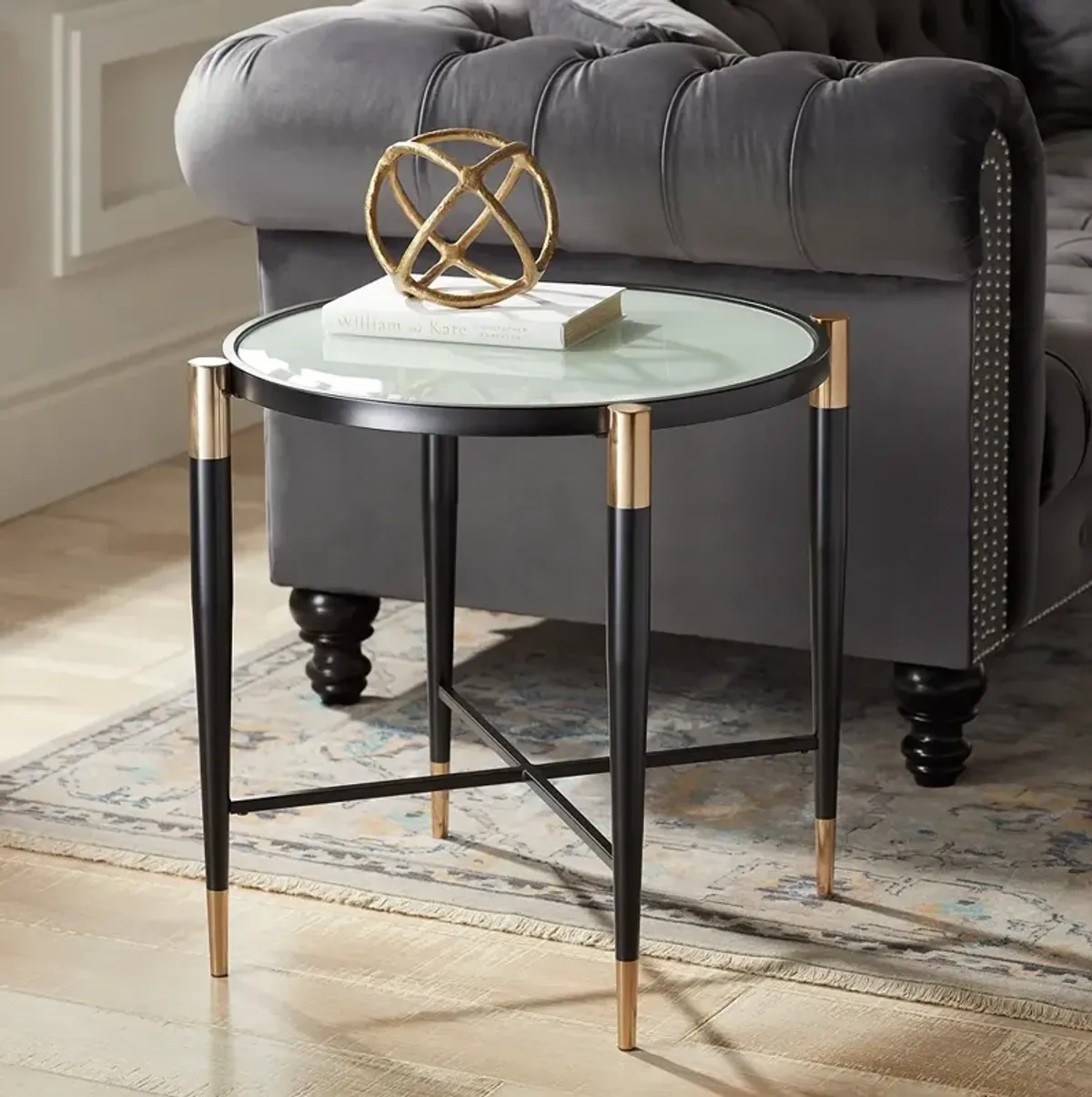 Studio 55D Peter 25" Wide Matte Black and Gold Classic Glass End Table