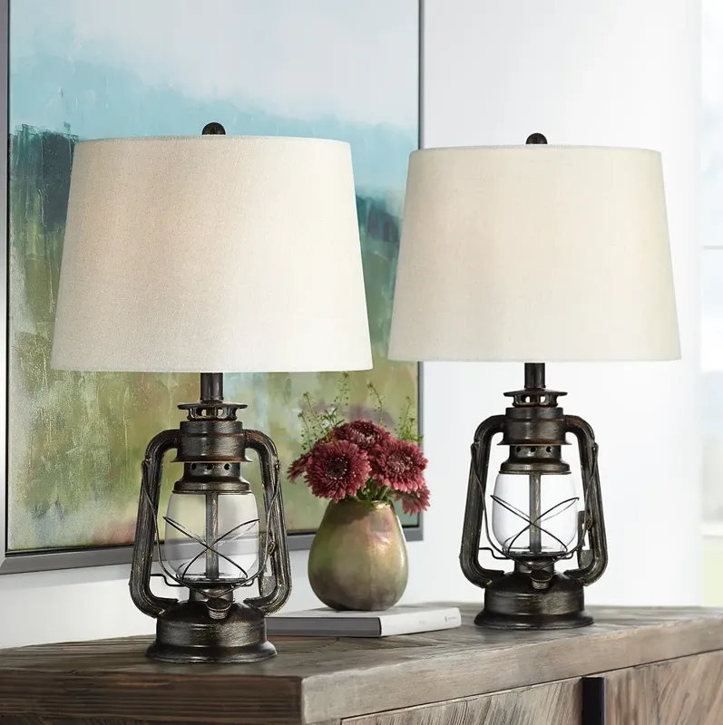 Franklin Iron Works Miner Weathered Bronze Lantern Table Lamps Set of 2