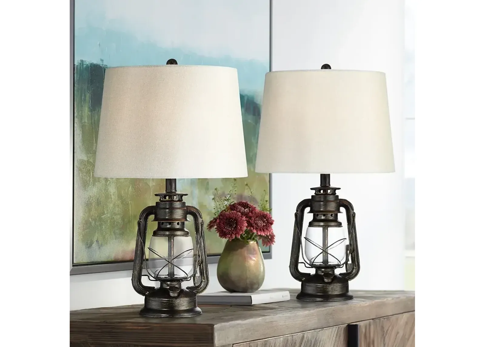 Franklin Iron Works Miner Weathered Bronze Lantern Table Lamps Set of 2