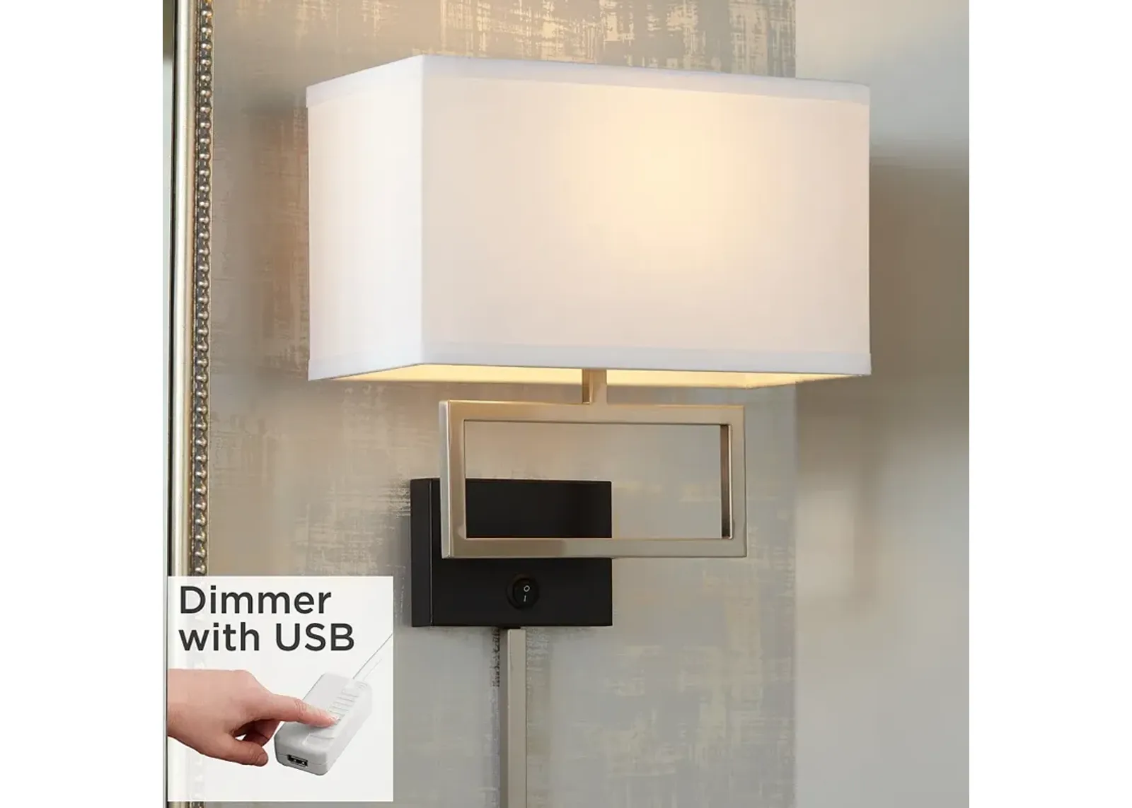 Possini Euro Trixie Nickel Rectangle Plug-In Wall Lamp with USB Dimmer