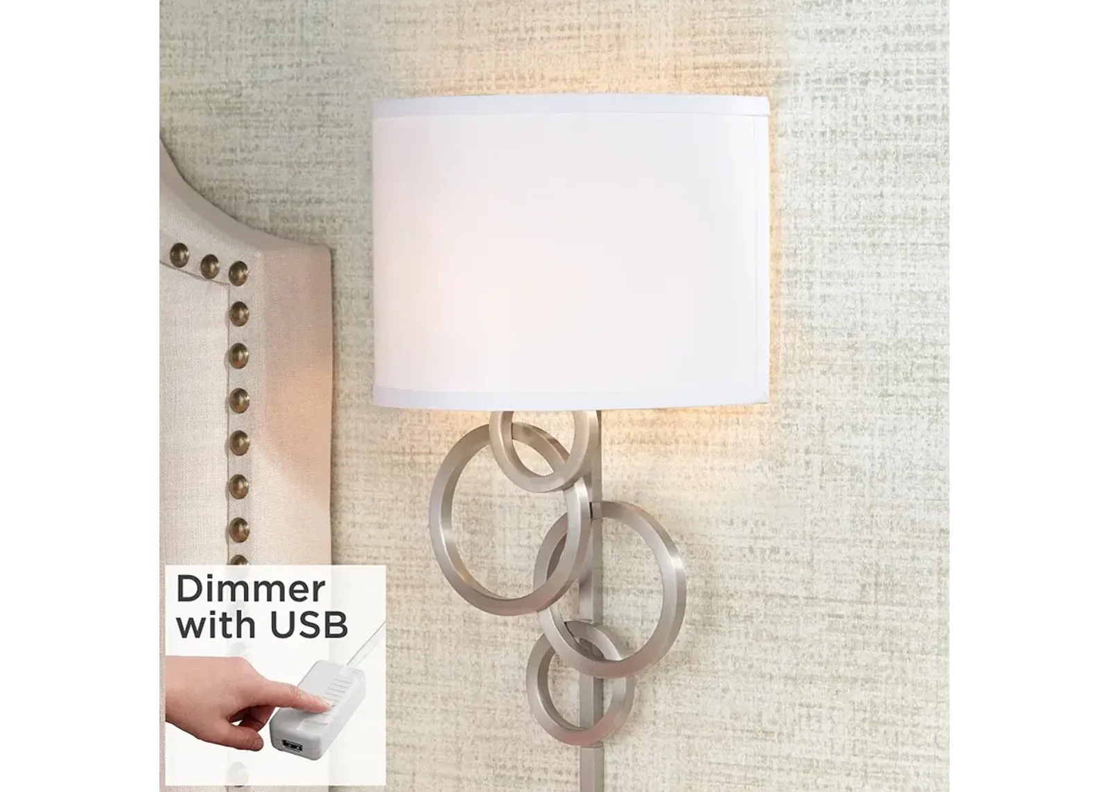 Design Circles Plug-In Wall Sconce with Cord Cover and USB Dimmer