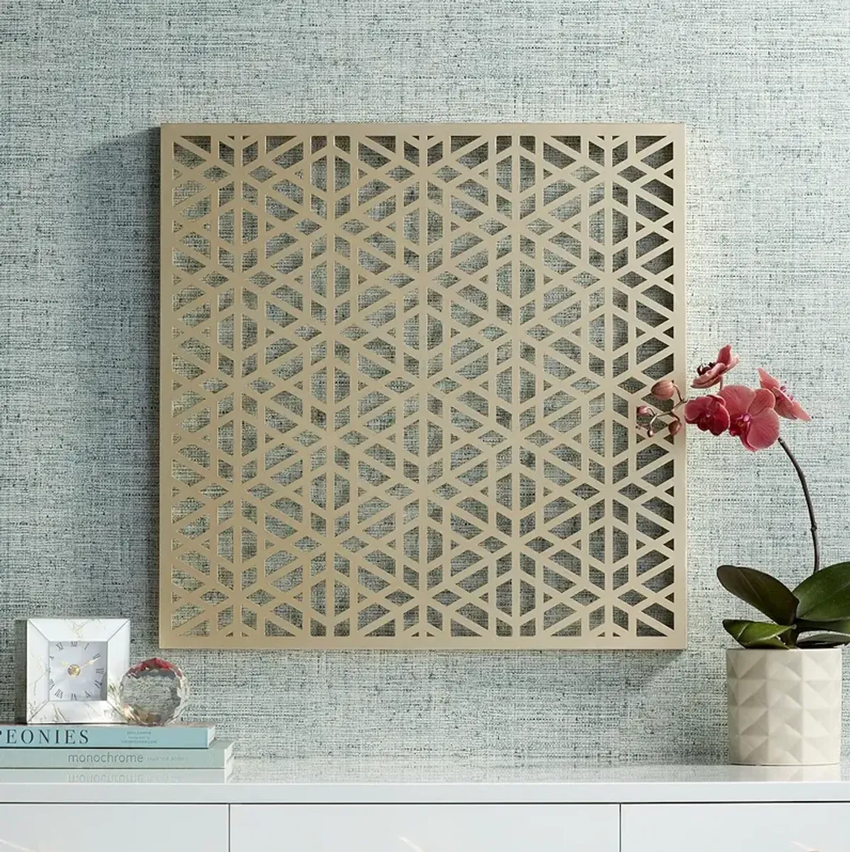 Laser Cut Geometric Screen 24" Square Glossy Gold Wall Art