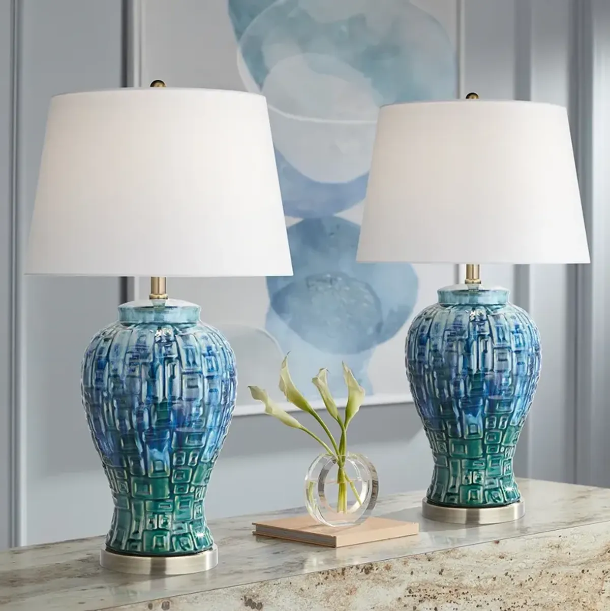 Possini Euro Matsu 27" Teal Temple Jar Ceramic Table Lamp Set of 2