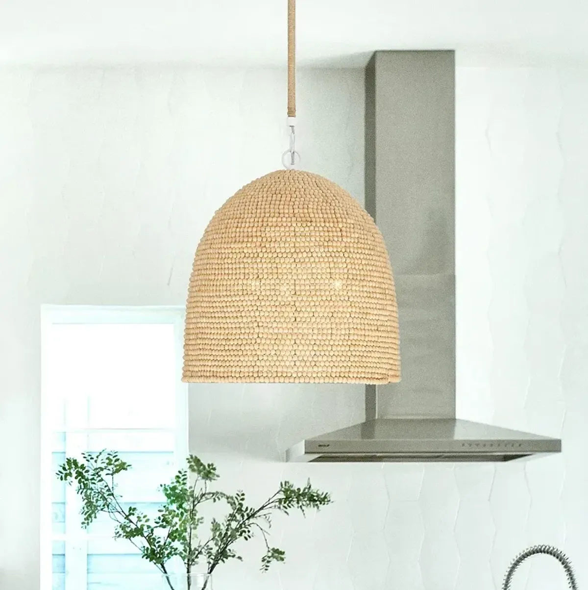 Jasper 16"W Matte White Metal Wood Beaded 3-Light Pendant