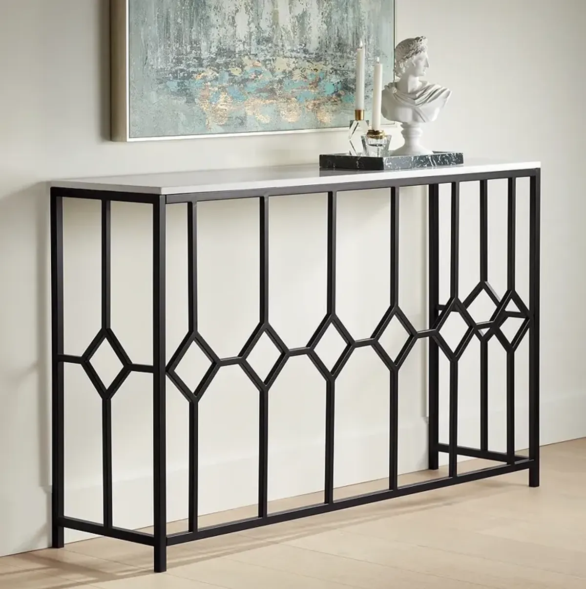 Addy 52 1/4" Wide Stone and Black Iron Console Table