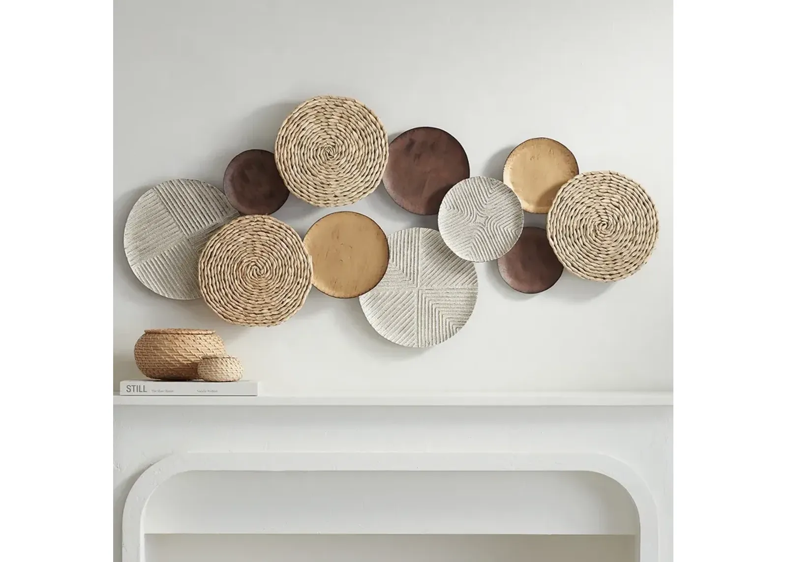 Tempus 47" Wide Gold White-Washed Seagrass Disk Wall Art