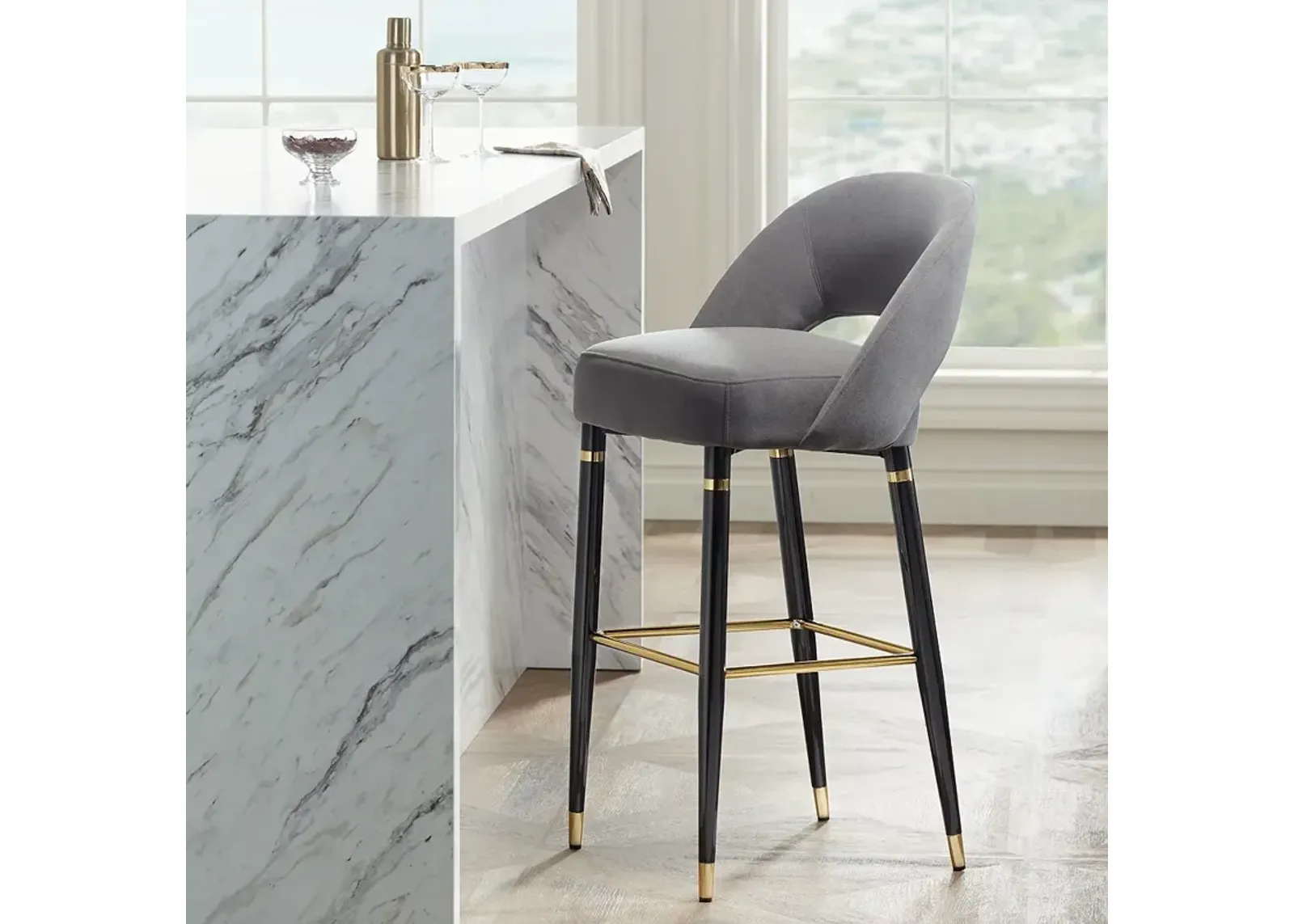 Simone 31 1/2" High Gray Velvet and Black Barstool