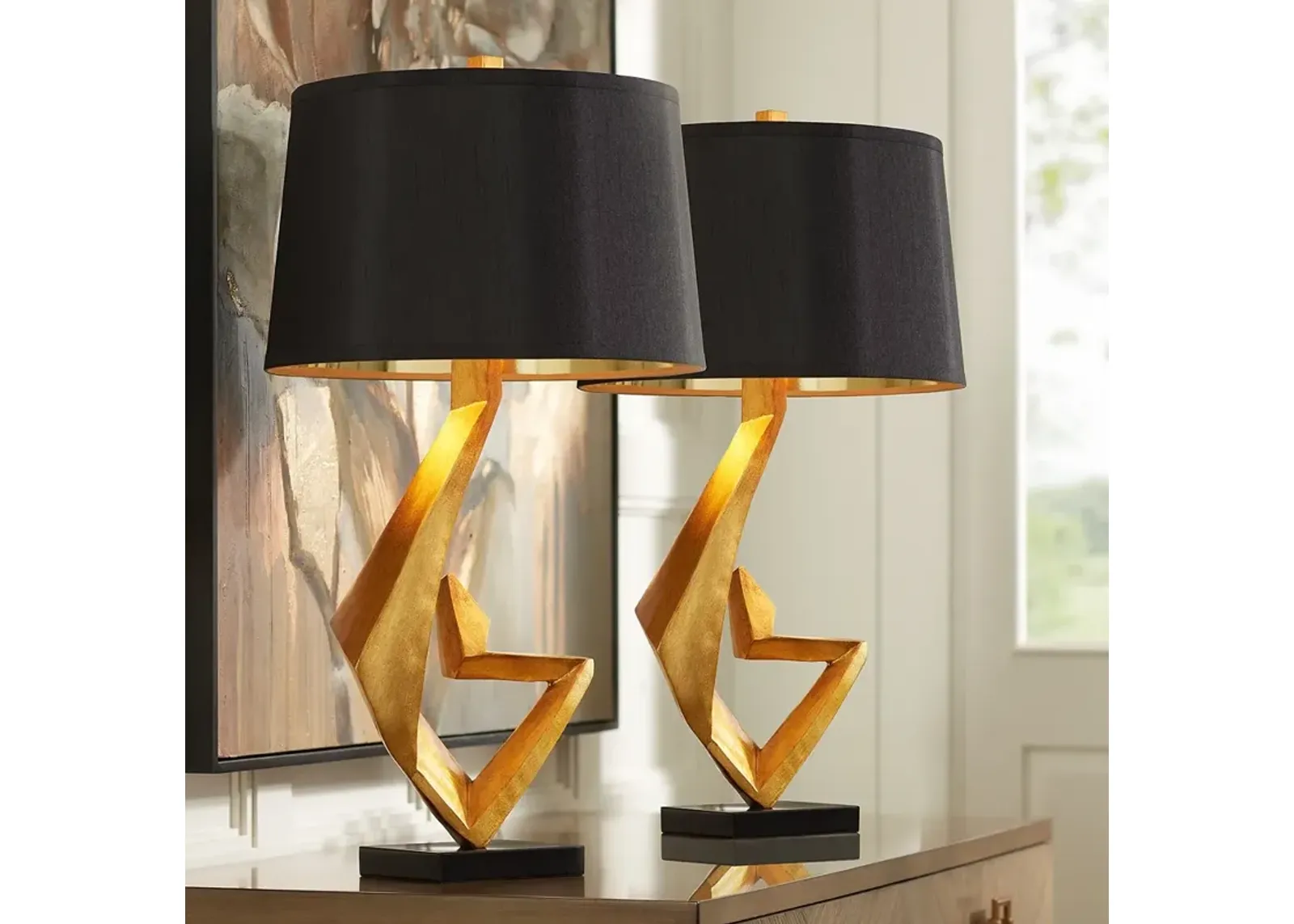 Possini Euro Zeus Gold Leaf Modern Table Lamps with Black Shades Set of 2