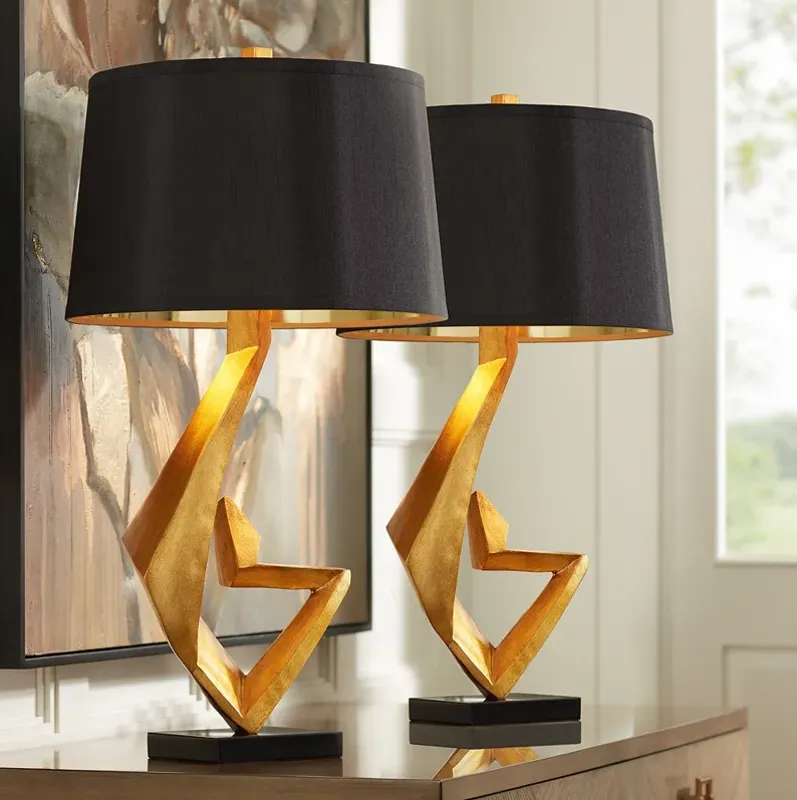 Possini Euro Zeus Gold Leaf Modern Table Lamps with Black Shades Set of 2