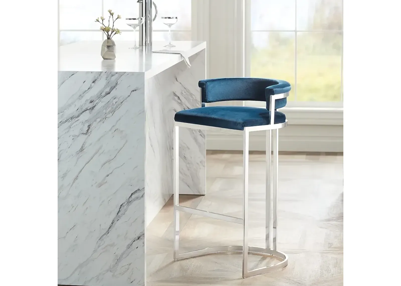 Jazmin 31" High Blue Velvet and Stainless Steel Barstool