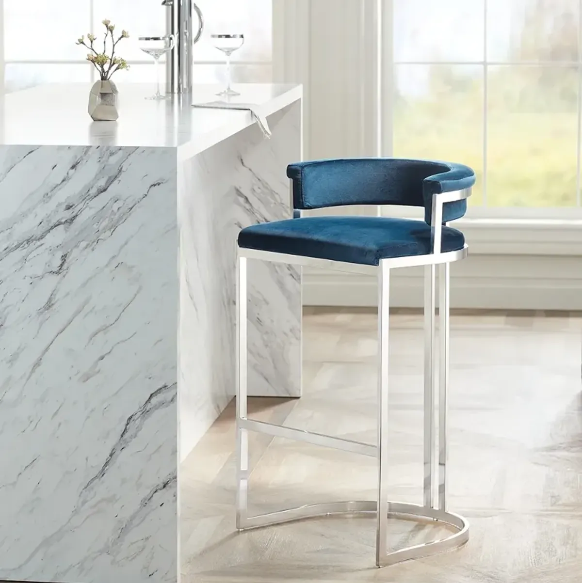 Jazmin 31" High Blue Velvet and Stainless Steel Barstool