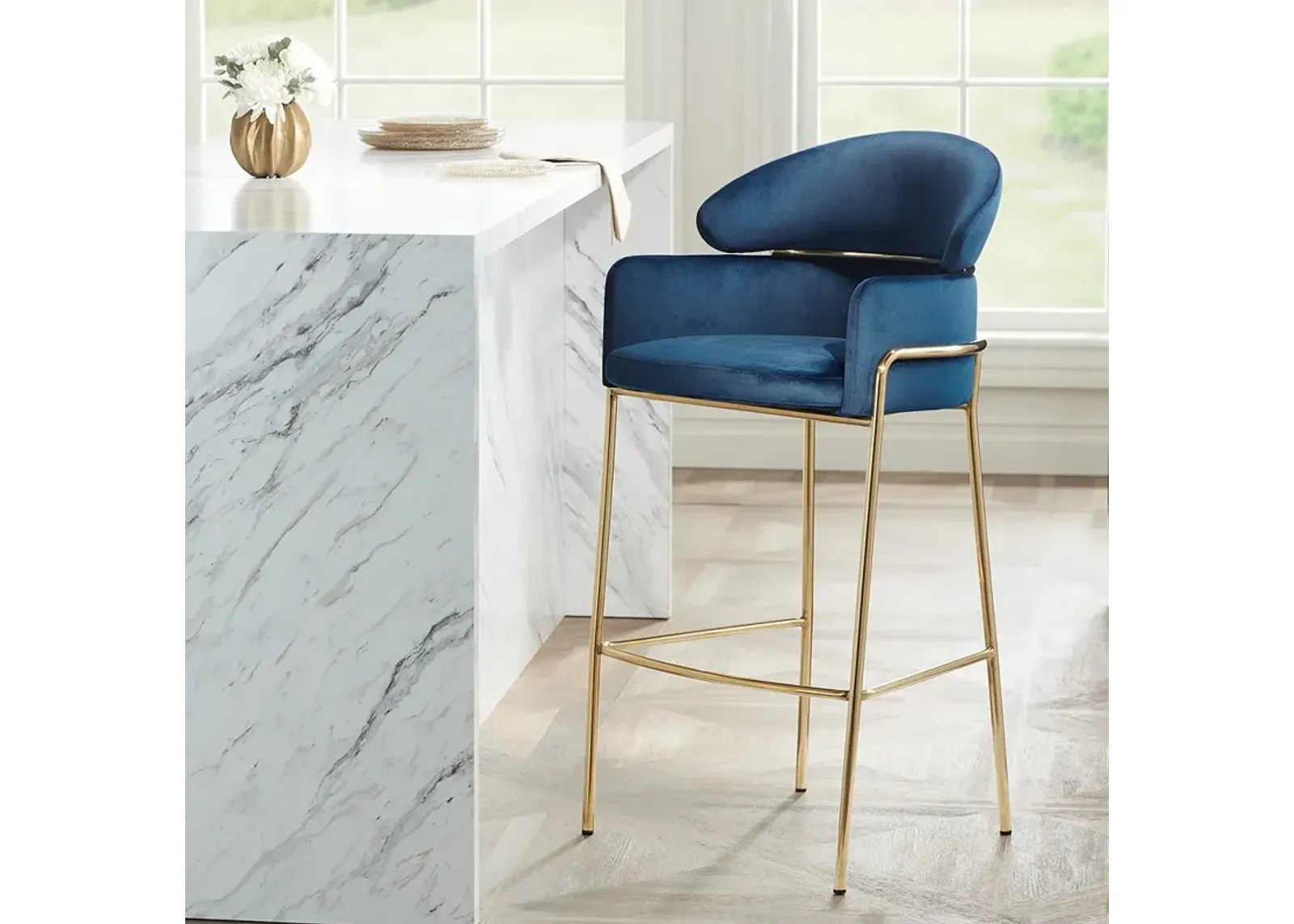 Barta 31 3/4" High Blue Velvet and Champagne Gold Barstool