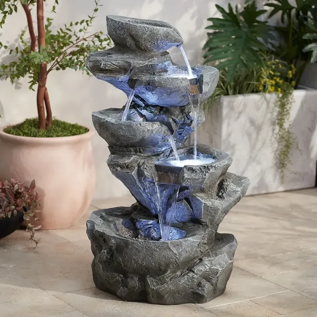 Five Bowl 40 1/2" High Gray Resin Fountain with LED Light