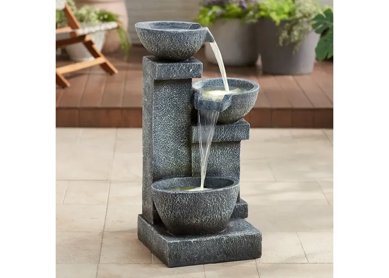 Three Bowls 32 1/4" High Gray Faux Stone Cascading LED Floor Fountain