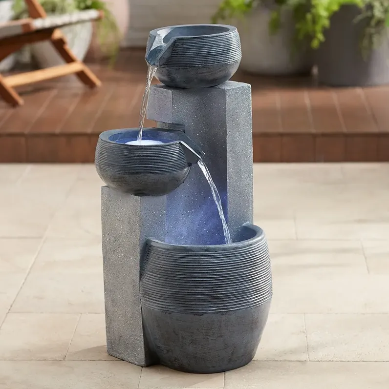 Three Bowl 31 1/2" High Gray Faux Stone Fountain with LED Light