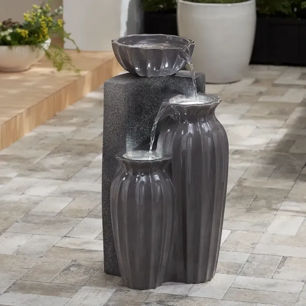 Three Bowls 26 1/2"H Dark Gray Three-Tier Outdoor LED Floor Fountain