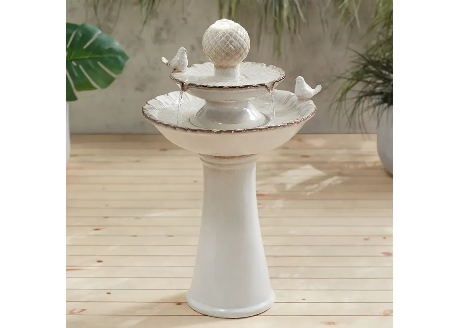 Bathing Bird 26 3/4" High Cream Ceramic 2-Tier LED Floor Fountain