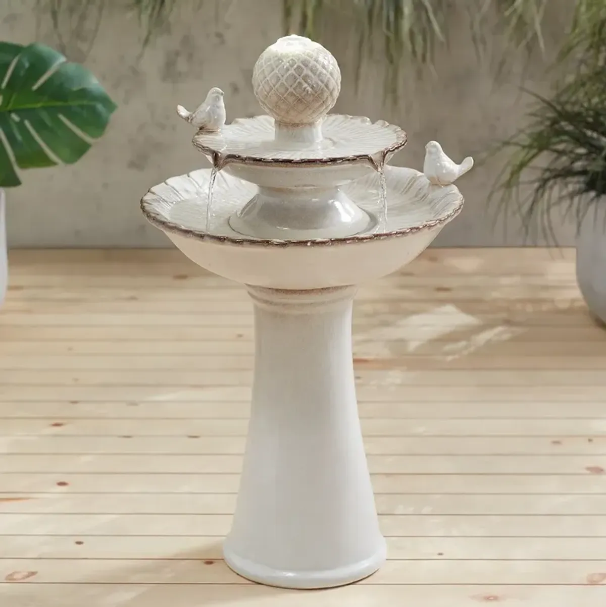 Bathing Bird 26 3/4" High Cream Ceramic 2-Tier LED Floor Fountain