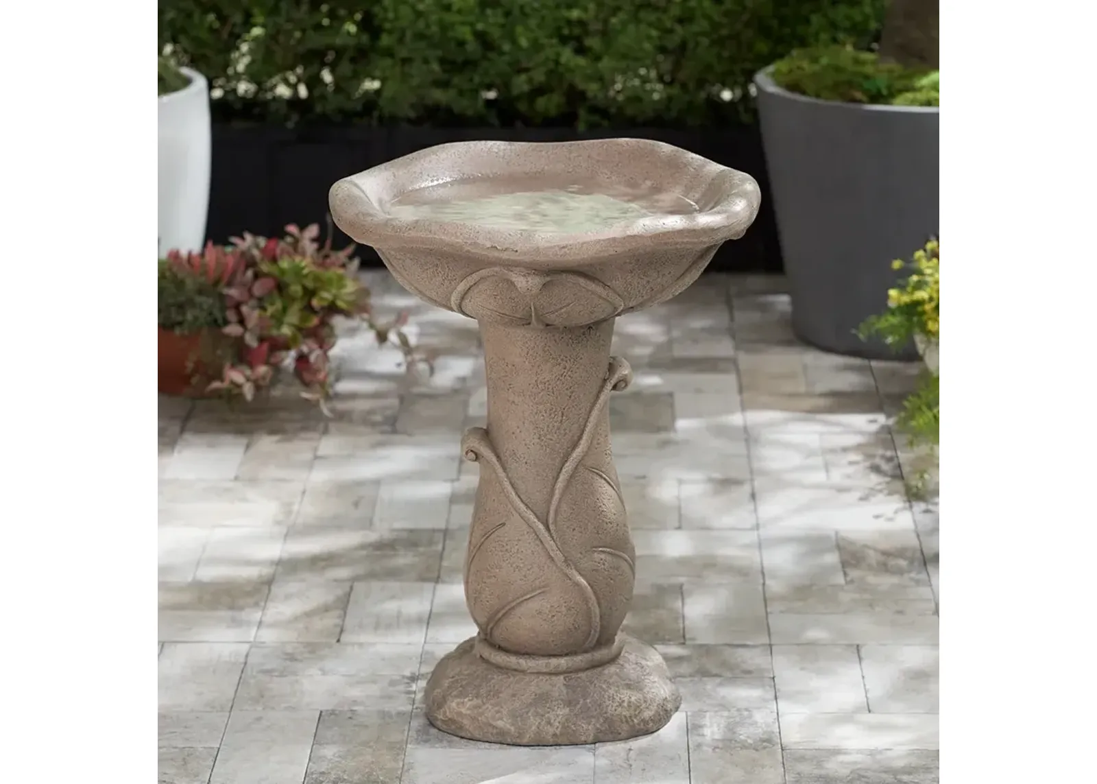 Water Lily 23" High Light Brown Outdoor Cement LED Birdbath