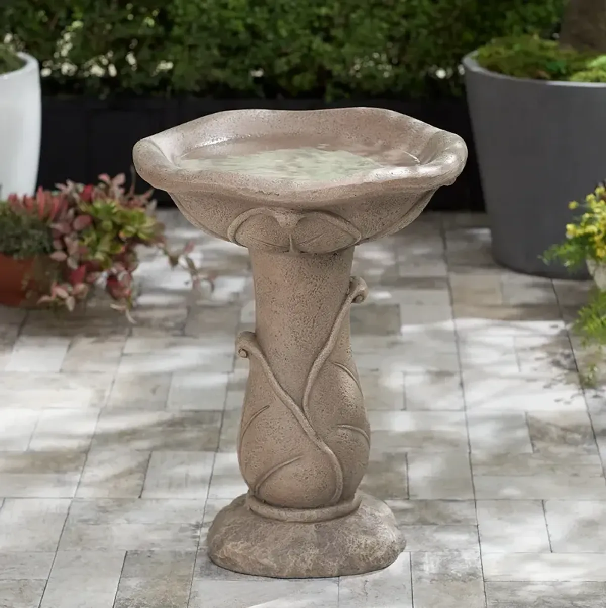 Water Lily 23" High Light Brown Outdoor Cement LED Birdbath