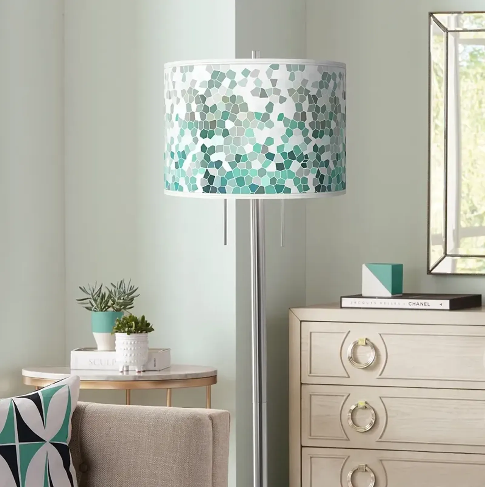 Giclee Glow Garth 63" 2-Light Aqua Mosaic Shade Nickel Floor Lamp