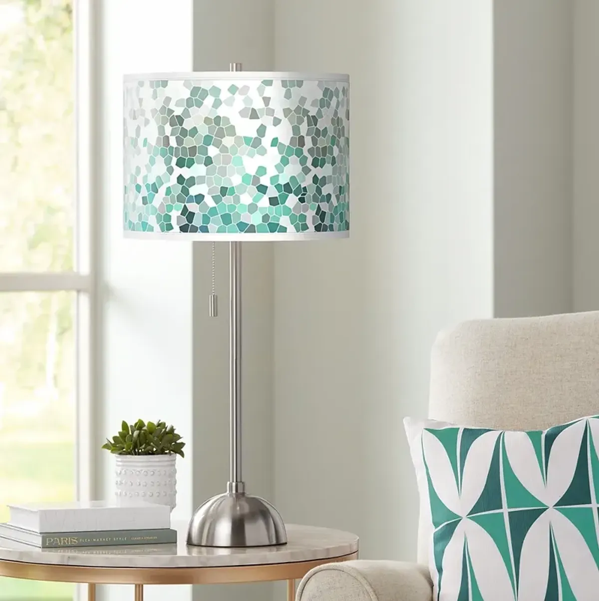 Giclee Glow 28" High Golden Aqua Mosaic Shade Nickel Table Lamp