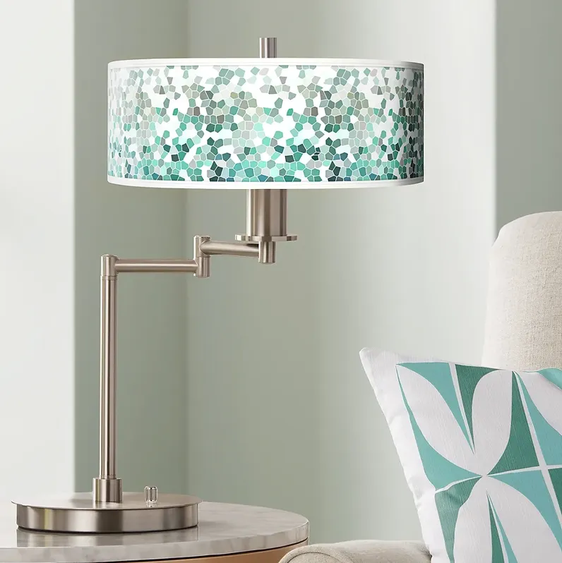 Aqua Mosaic Giclee Shade LED Modern Swing Arm Desk Lamp