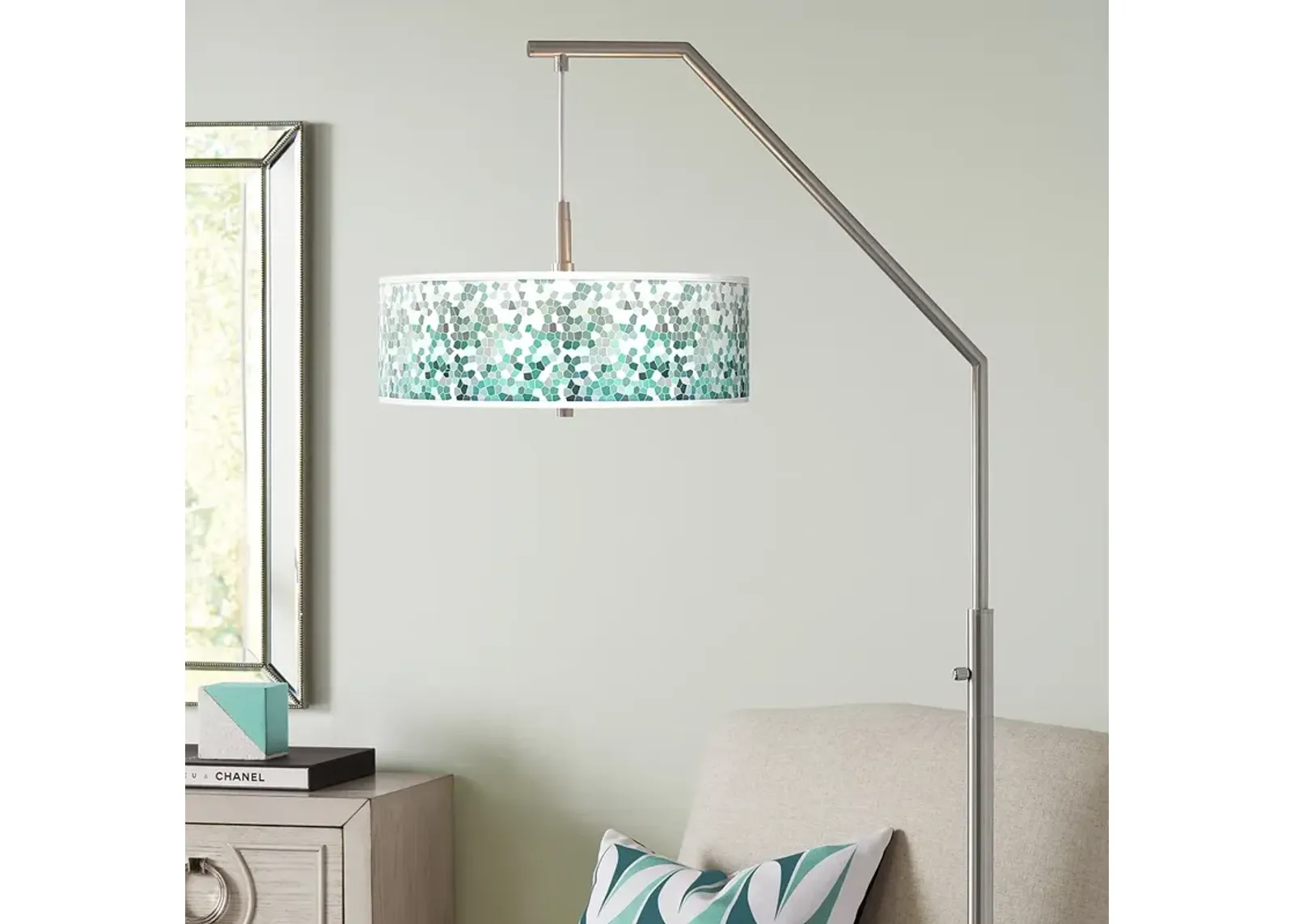 Giclee Glow 71 1/2" Aqua Mosaic Shade Arc Arm Floor Lamp