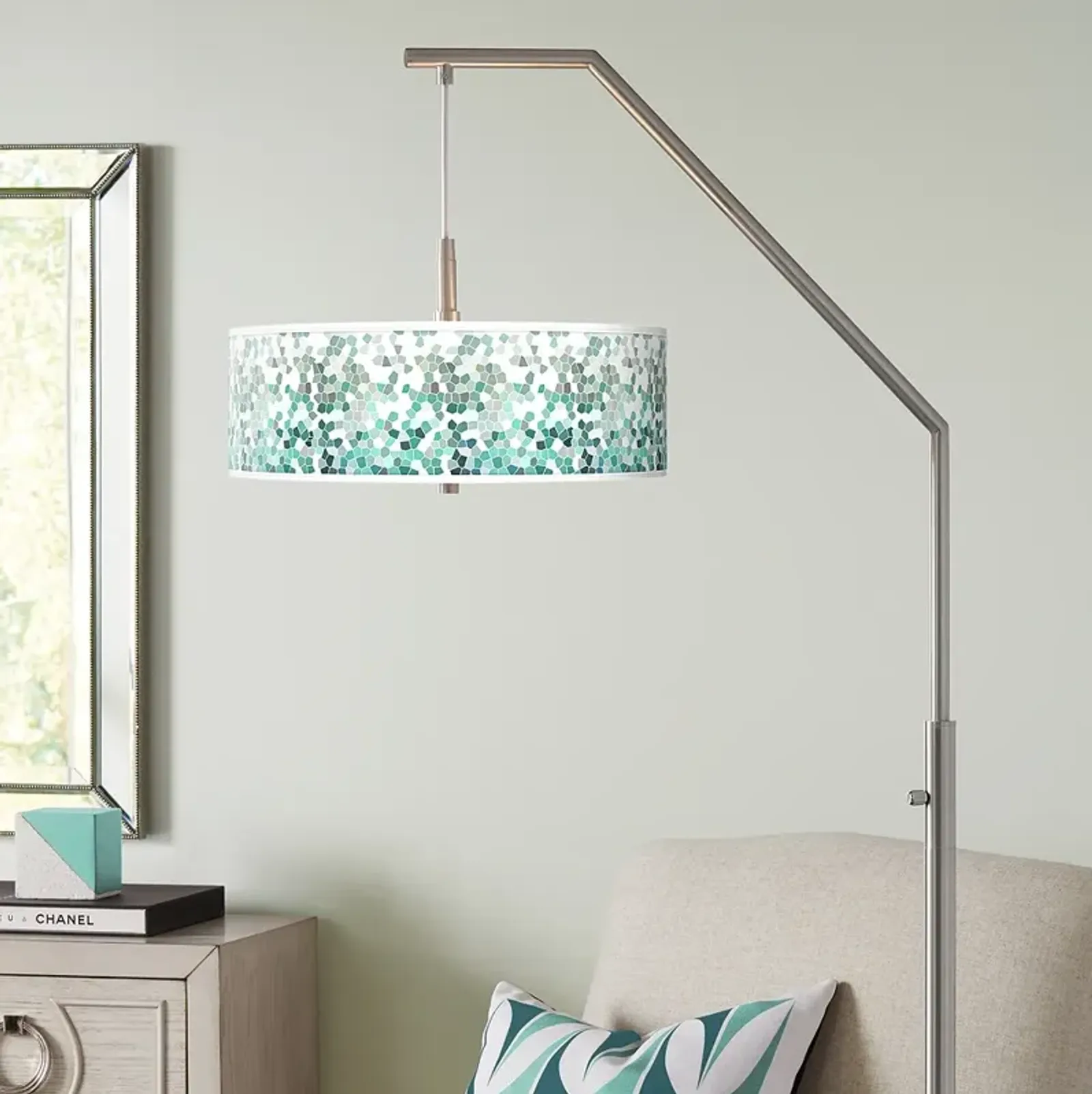 Giclee Glow 71 1/2" Aqua Mosaic Shade Arc Arm Floor Lamp