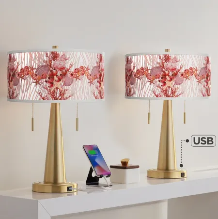 Giclee Glow Vicki 23" Corallium Shade with Gold USB Lamps Set of 2