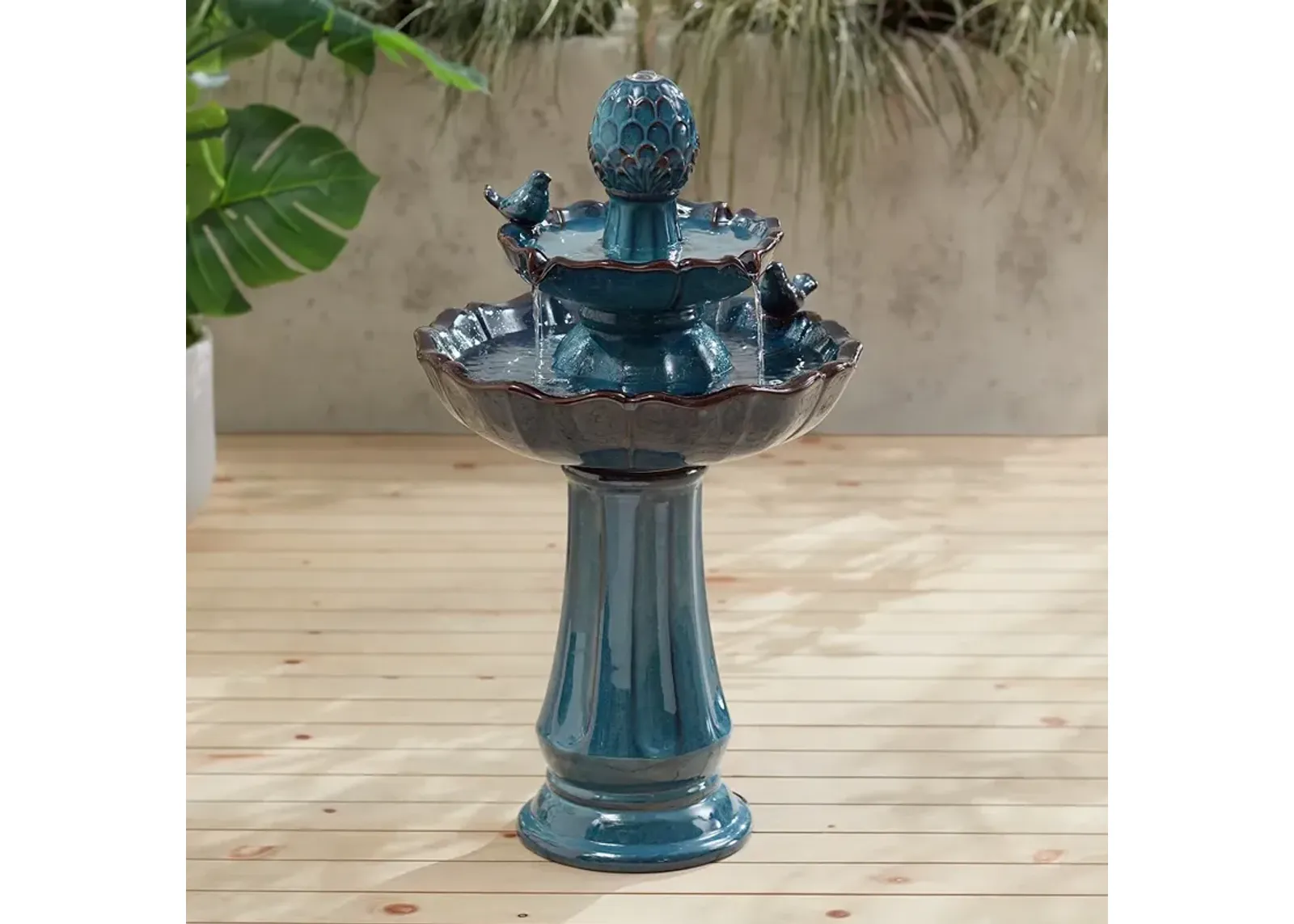 Bathing Bird 28 1/4" High Turquoise Ceramic 2-Tier Floor Fountain