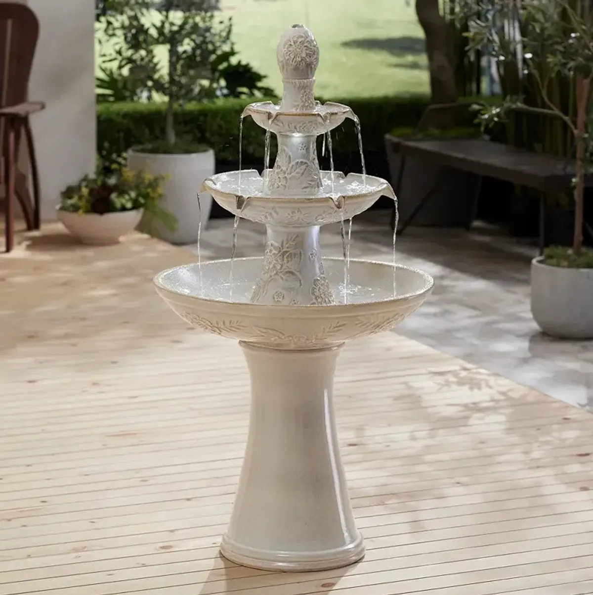 Formentera 45" High Ceramic 3-Tier LED Outdoor Floor Fountain