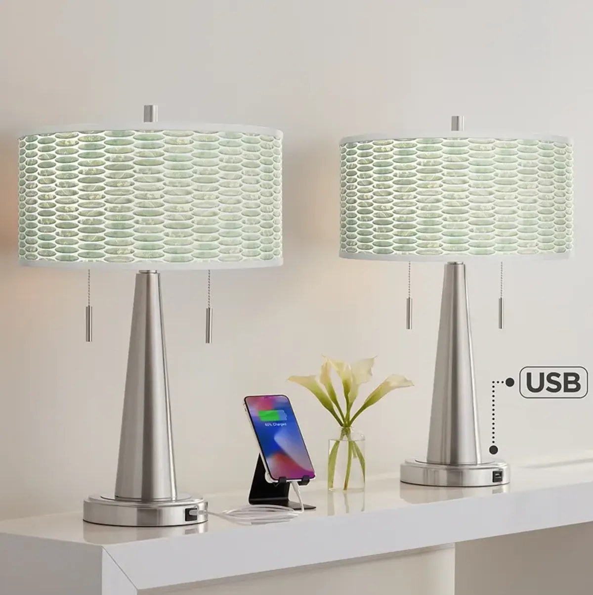 Giclee Glow Vicki 23" Oval Tempo Shade Nickel USB Lamps Set of 2